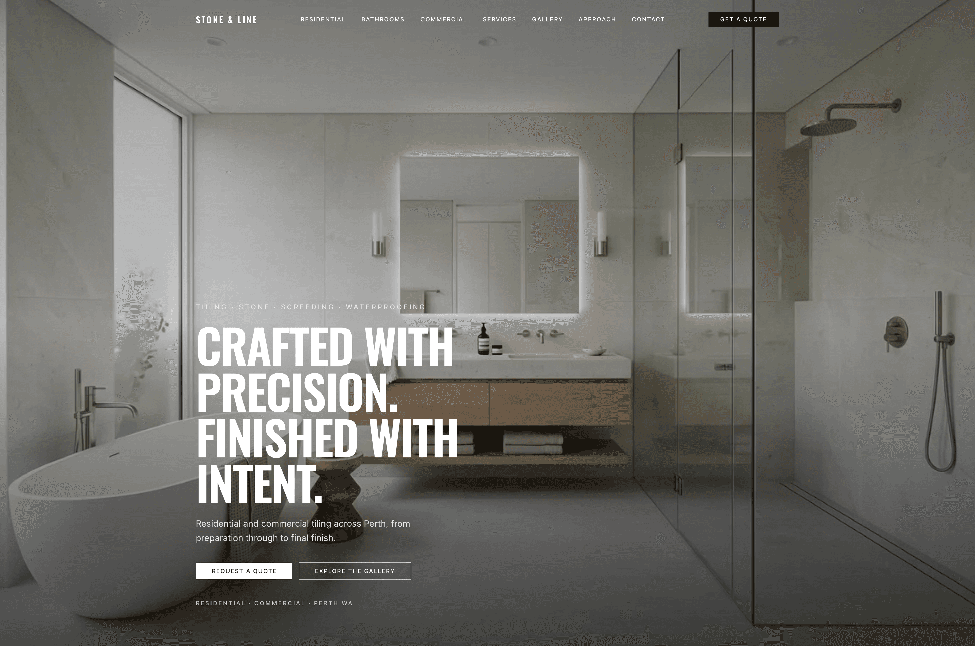 STONE & LINE concept website desktop layout with a bold headline and prominent quote request
